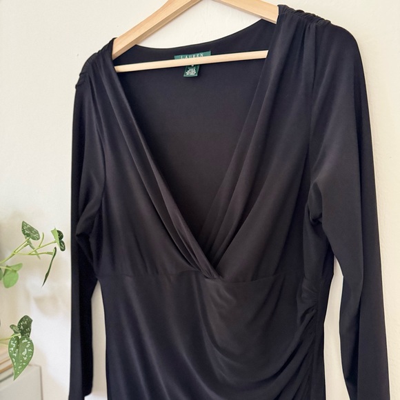 Classic Elegance: Ralph Lauren Black Ruched V-Neck Midi Dress - Size 16 - Picture 2 of 8